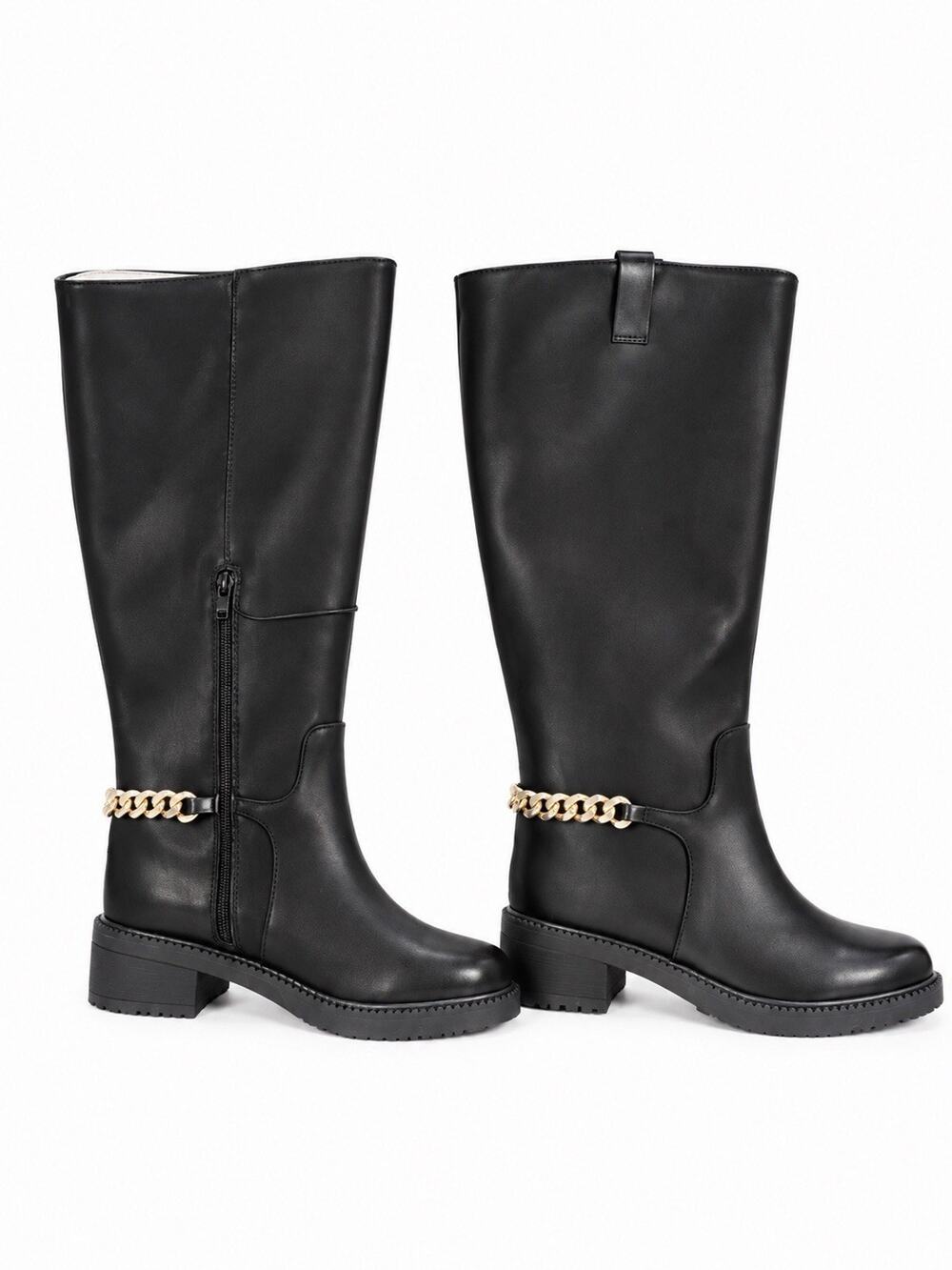 A New Day Women’s Bobbi Black Knee High Boots Size 8 Gold Chain Side Zip
